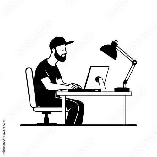 A minimalist side angle shot 2D logo design featuring a man with fade haircut a beard in a snapback hat, sitting at a desk and working on his computer. The man has a relaxed posture, and his desk is i
