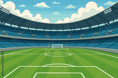Empty soccer stadium with green field and goal. Football arena background for sport game or competition. Grandstand with empty seats. International championship concept.