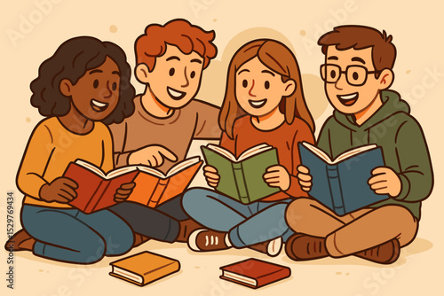 Happy diverse friends reading books. Group of multicultural children studying together. Education and literature concept. Kids book club. School students learning in a library.