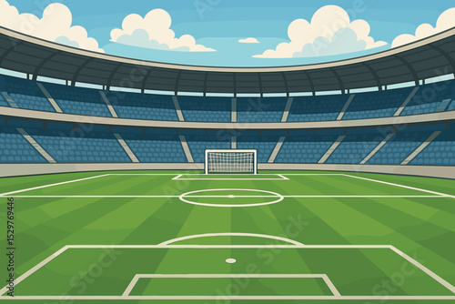 Empty soccer stadium background. Football arena with green grass pitch, goal and spectator stands. Professional sport field for match, tournament, or championship. Vector illustration.