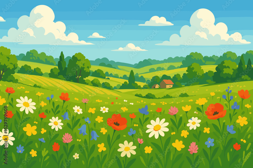 Fototapeta premium Idyllic summer meadow with wildflowers. Rural countryside landscape with rolling green hills, trees, and farmhouse. Cartoon vector illustration background for nature concepts.