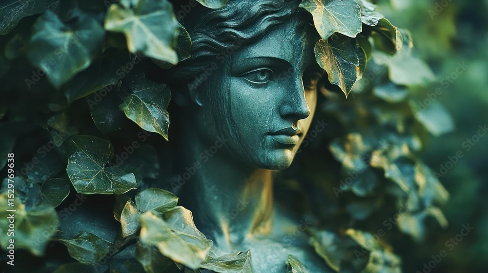 Obraz premium Bronze statue head, hidden by ivy
