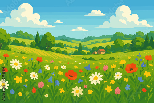 Idyllic summer meadow with wildflowers. Rural countryside landscape with rolling green hills, trees, and farmhouse. Cartoon vector illustration background for nature concepts.