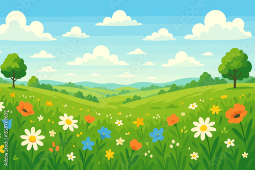 Idyllic summer meadow landscape with colorful wildflowers. Cartoon vector background with green rolling hills, blue sky, and clouds. Beautiful nature scenery for spring season.