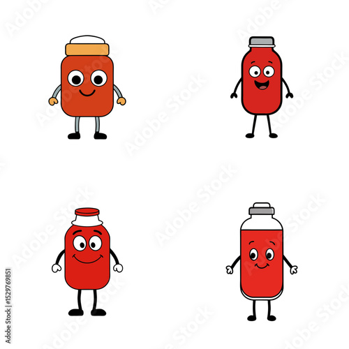 Four cartoon jars with faces arms and legs filled with red liquid on a white background displayed nicely