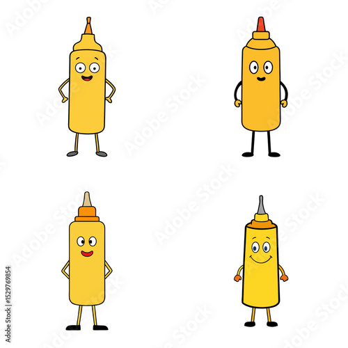 Four cartoon mustard bottles with different expressions standing on a white background isolated art