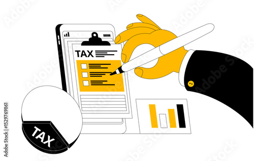 Filling out the online tax form on the phone. Vector illustration in a simple cartoon style. The topic is online filing of a tax form. Horizontal banner.