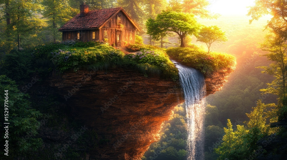 Fototapeta premium Cabin on cliff, waterfall, sunlit forest