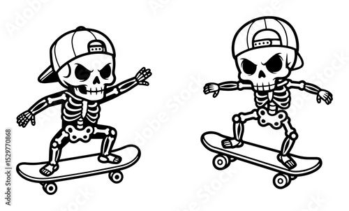 skateboarding skeletons with caps cartoon illustration