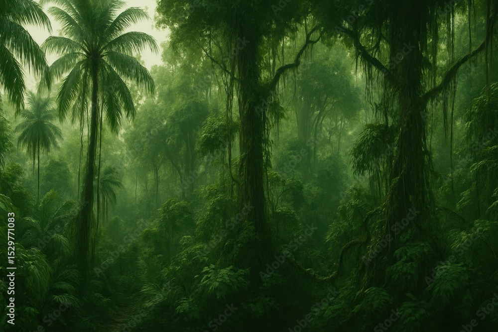 Fototapeta premium Lush Panoramic View of a Dense Tropical Jungle Wild Rainforest with Towering Palm Trees Diverse Green Plants and a Sense of Untamed Wilderness and Adventure