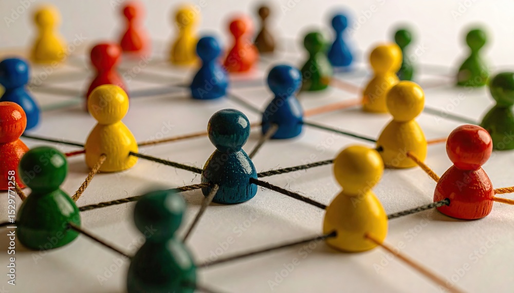 Obraz premium A colorful network of toy figures connected by string, with a white background and various colors