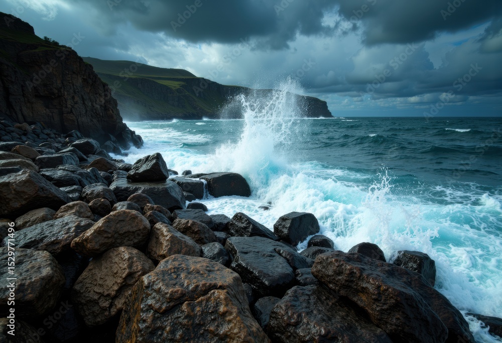 Obraz premium Rugged rocky shoreline with crashing waves under stormy sky near coastal cliffs