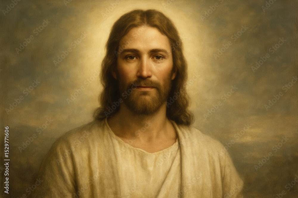 Fototapeta premium Majestic Portrait of Jesus Christ with a Serene Expression and Flowing Hair Against a Softly Lit Background Savior of Mankind Inspirational Religious Banner
