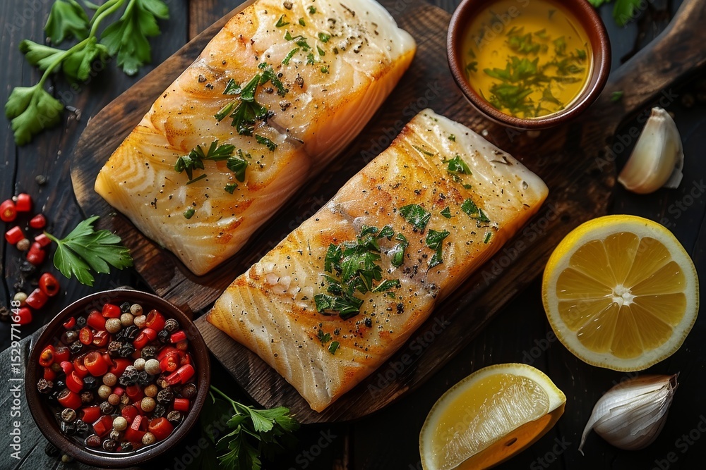 © Pinklife - A beautifully plated dish featuring grilled salmon garnished with fresh herbs, olive oil, and lemon, showcasing the allure of culinary art and gastronomy.