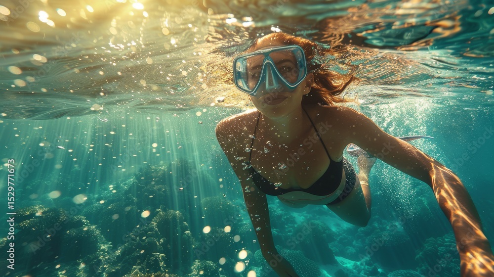 Naklejka premium An enchanting underwater scene featuring a woman snorkeling in crystal clear waters, showcasing vibrant marine life and the beauty of nature beneath the surface, full of tranquility.