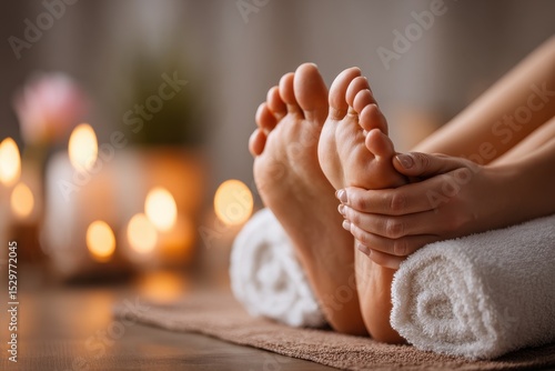 Wallpaper Mural Close up of feet being massaged on a towel, spa treatment with candle light, promoting relaxation and self-care, focusing on wellness and pampering experience. Torontodigital.ca