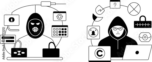 Cybersecurity threat illustration of hacker attack and data breach with malicious intent and online safety editable stock vector illustration