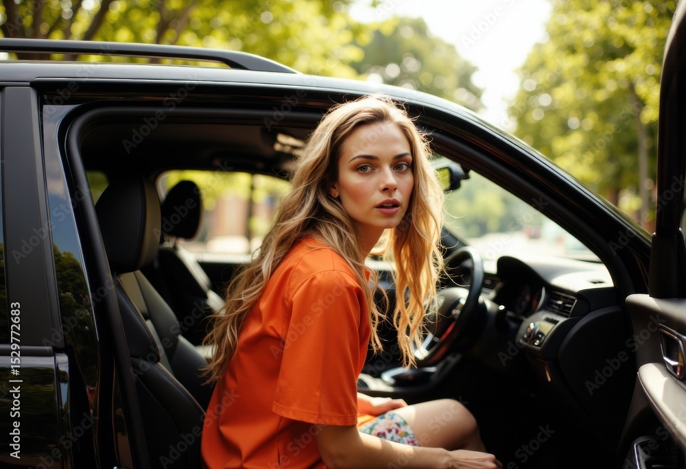 Naklejka premium Young woman sitting in a car, looking back with a thoughtful expression