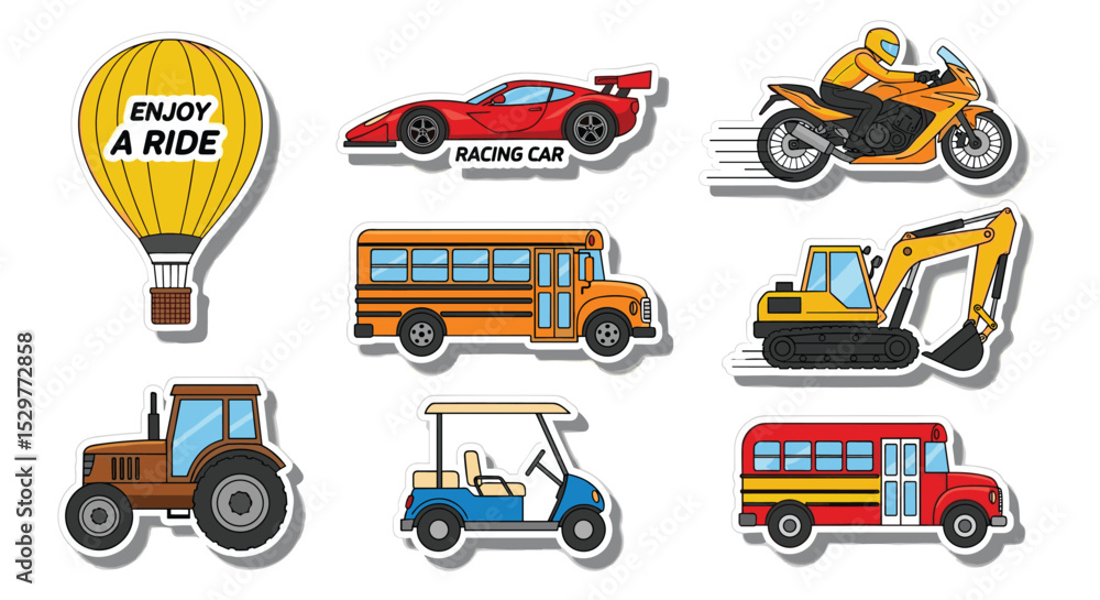 Naklejka premium Transportation Vehicle Sticker Set Collection for Design Ideas Vector Illustration Artworks