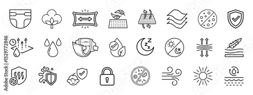 Diaper features line icon set. Simple outline sign for nappy package. Baby pants feature - absorption, breathable, cotton, poo pee, bath minimal vector illustration.