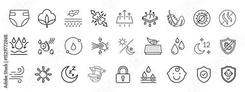 Diaper features line icon set. Simple outline sign for nappy package. Baby pants feature - absorption, breathable, cotton, poo pee, bath minimal vector illustration.