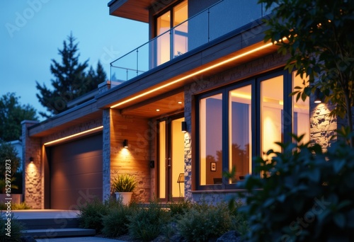 Wallpaper Mural Modern house exterior illuminated with warm lighting during twilight Torontodigital.ca