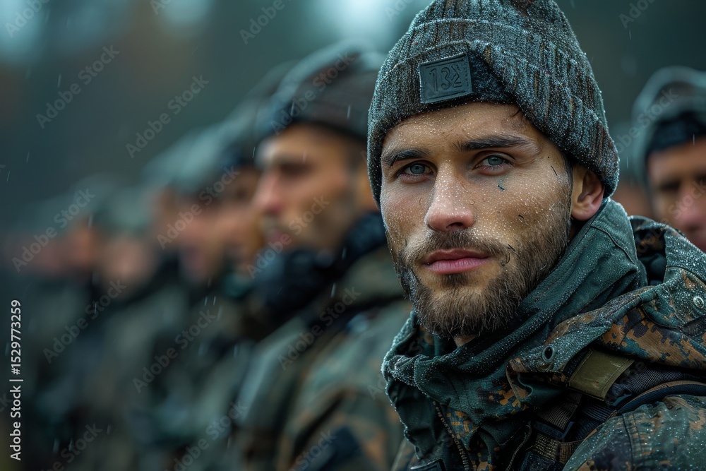 Obraz premium A close-up of a determined soldier amidst raindrops, capturing the essence of resilience and dedication, reflecting deep emotions amid challenging circumstances in military life.