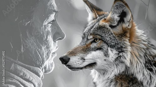 Wallpaper Mural Wolf face blending with human in black-and-white artistic concept, showing connection between nature and human spirit. Torontodigital.ca