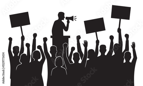 Silhouette illustration of a protest crowd with raised fists and signs, listening to a speaker with a megaphone. Concept of activism, demonstration, freedom, and political movement.