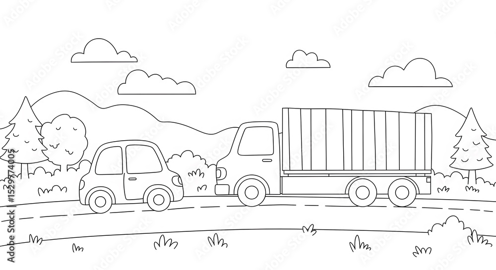 Naklejka premium Simple Line Drawing of Cars and Truck on Road Coloring Page