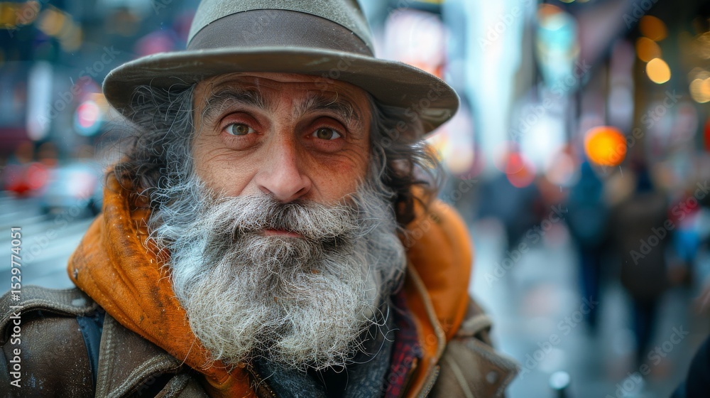 A wise man with a long, gray beard and hat gazes thoughtfully at the bustling streets of New York City, embodying the spirit of curiosity and exploration in urban life. A wise man with a long, gray beard and hat gazes thoughtfully at the bustling streets of New York City, embodying the spirit of curiosity and exploration in urban life.