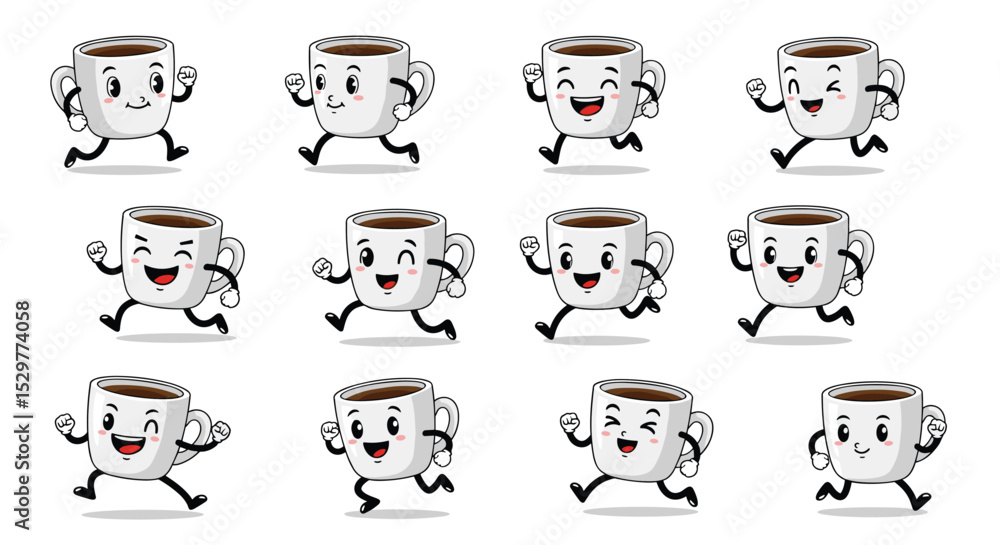 Fototapeta premium Animated Coffee Cup Characters Running: A Collection of Unique and Lively Coffee Illustrations