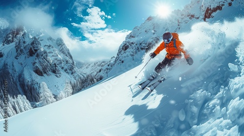 Fototapeta Naklejka Na Ścianę i Meble -  An exhilarating image of a skier in bright gear speeding down a snow-covered slope, capturing the thrill of winter sports and the beauty of nature.