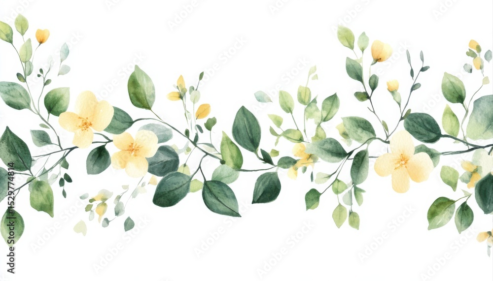 Obraz premium Watercolor Hand Painted Nature Romantic Banner Frame with Green Elements