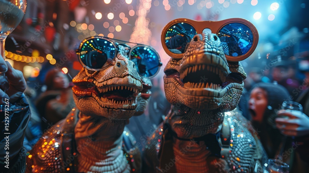 Obraz premium Two individuals dressed in fun dinosaur costumes with sunglasses celebrate joyfully at a vibrant party, illustrating a sense of playfulness and fun within the festive atmosphere.
