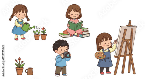Different kids doing different things as hobbies and having fun learning art