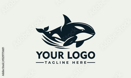 Dynamic black and white illustration of a powerful orca whale leaping energetically above stylized ocean waves. Marine life concept