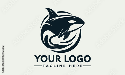 Dynamic black and white illustration of a powerful orca whale leaping energetically above stylized ocean waves. Marine life concept