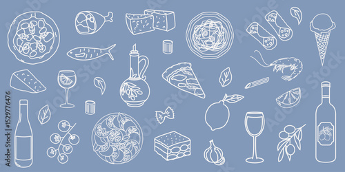 Hand drawn Italian food doodles. Pizza, pasta, cheese, wine, olives, olive oil, gelato, cannoli, tomato, shrimp, garlic, lemon, prosciutto. Traditional Italian cuisine vector set.