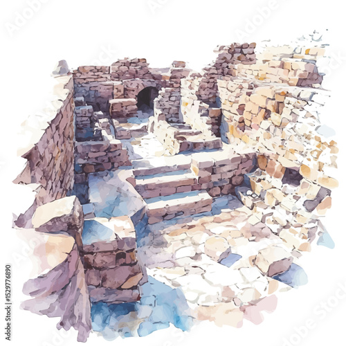 watercolor of Ancient City Excavations, vector, isolated on a white background.