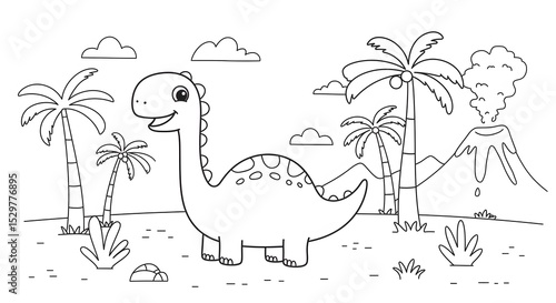 Fototapeta Naklejka Na Ścianę i Meble -  Adorable Dinosaur Coloring Page Prehistoric Fun for Kids