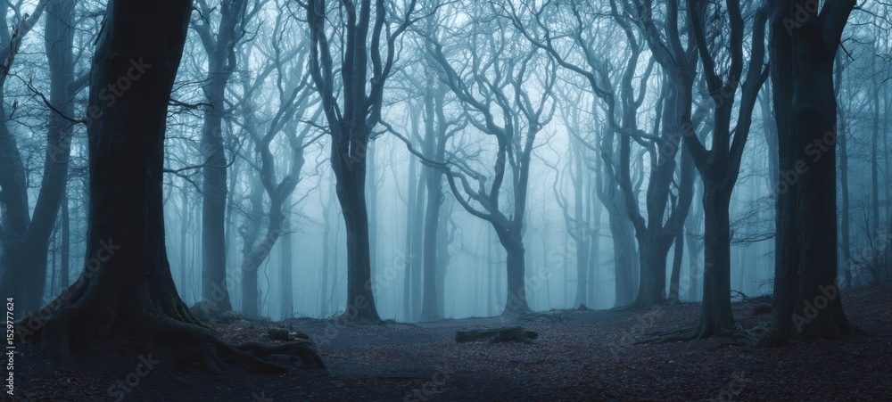 Naklejka premium The misty forest enveloped in tranquil shades of blue and mystery.