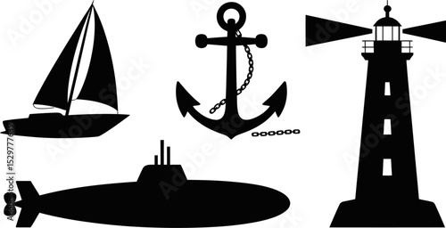 Nautical vector set silhouette of sailboat submarine lighthouse and anchor marine theme design vector art editable stock vector illustration