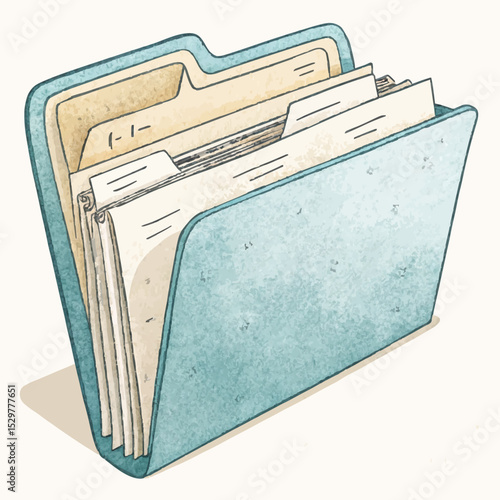  Watercolor file folder illustration in teal overflowing with documents representing bureaucracy or archives [with copy space].