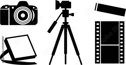Photography equipment camera tripod film light reflector lens vector illustration graphic design set editable stock vector illustration