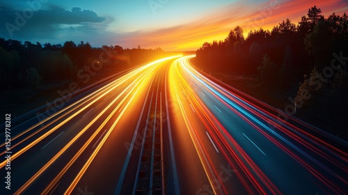 A stunning twilight highway scene with dynamic light trails capturing the energy of moving vehicles, symbolizing speed and motion while showcasing nature's breathtaking sunset colors.