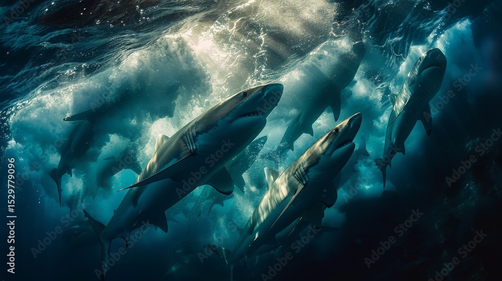 Fototapeta premium A stunning underwater scene showcasing a group of majestic sharks as they swim effortlessly through sunlit waters, highlighting the power and beauty of marine life.