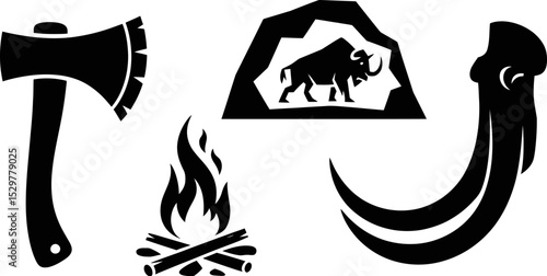 Prehistoric stone age tools and cave art vector illustration isolated on white background design element editable stock vector illustration
