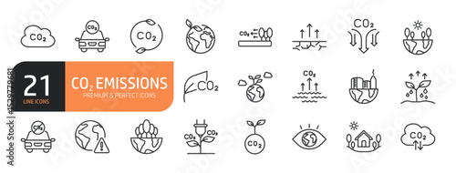 Set of line icons related to CO2 emissions and more. Outline icons collection. Editable stroke. Vector illustration.