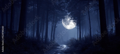 Fototapeta Naklejka Na Ścianę i Meble -  The captivating moon illuminating a tranquil forest at night.
